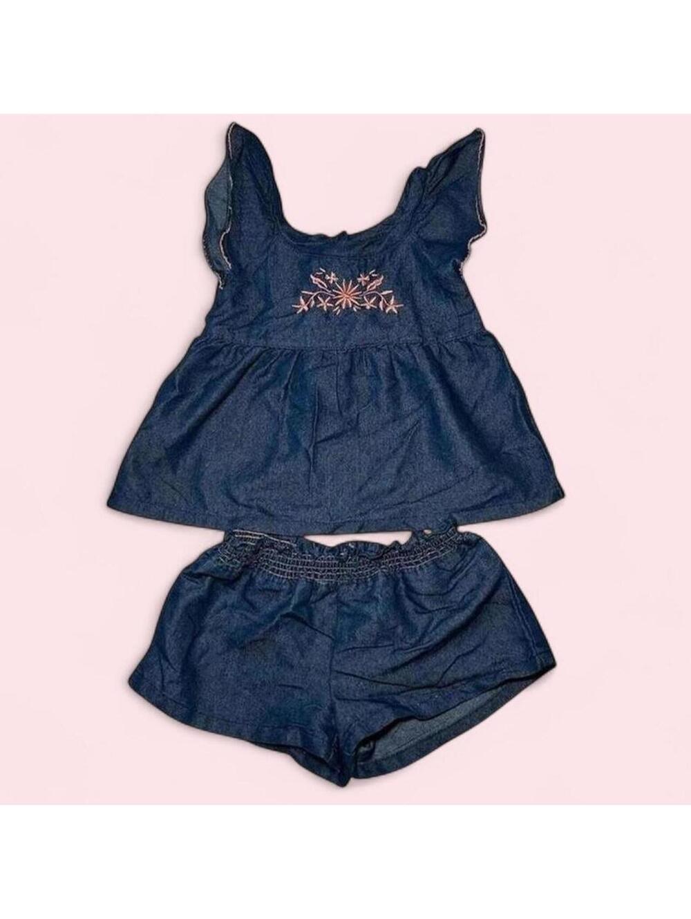 Penelope Mack Jean With Pink Embroidery Children’s 2-Piece Set 24 Months